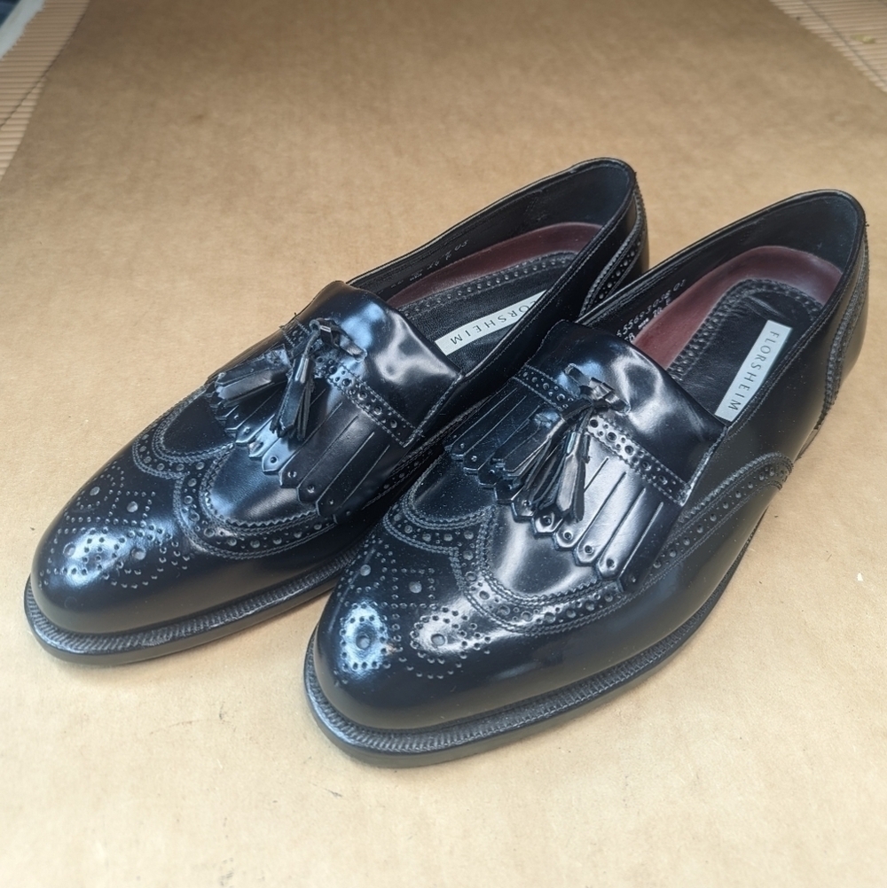 Florsheim men's Black Leather Brinson Wingtip Kilted Tassel Loafer Sz 9 D. New w